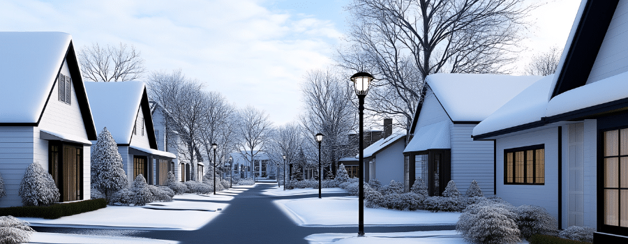 street in winter with mutiple homes and snow