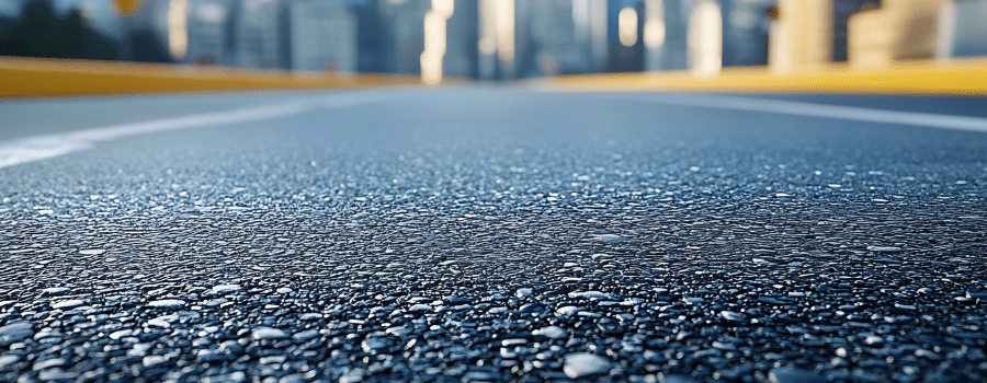 closeup asphalt road with city buildings in background