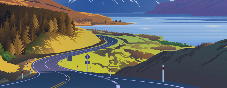 animated picture of mountain road with trees and mountains