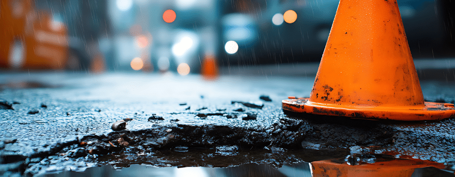 pothole in asphalt with orange cone