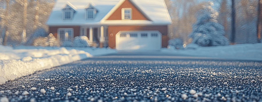 home and asphalt driveway with snow