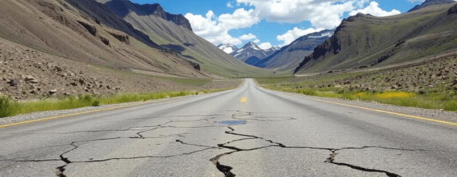 cracked asphalt on road in mountains