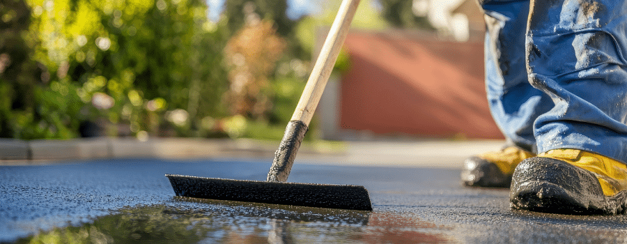 worker spreading sealcoat on asphalt