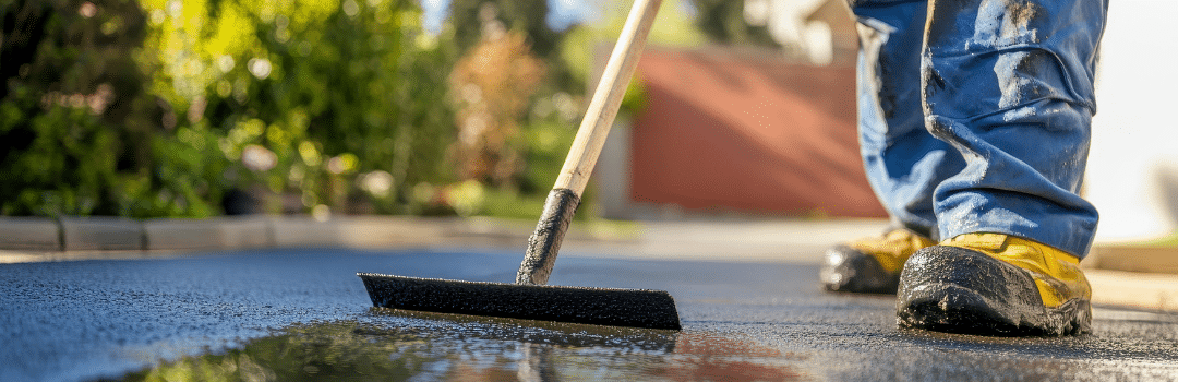 worker spreading sealcoat on asphalt