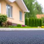 up close of paved asphalt driveway with house and bushes in back