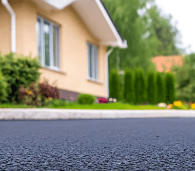 up close of paved asphalt driveway with house and bushes in back