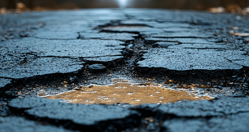 asphalt with big cracks and pothole