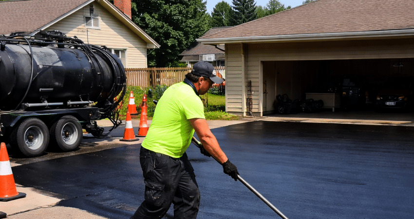 worker applying sealcoat on driveway