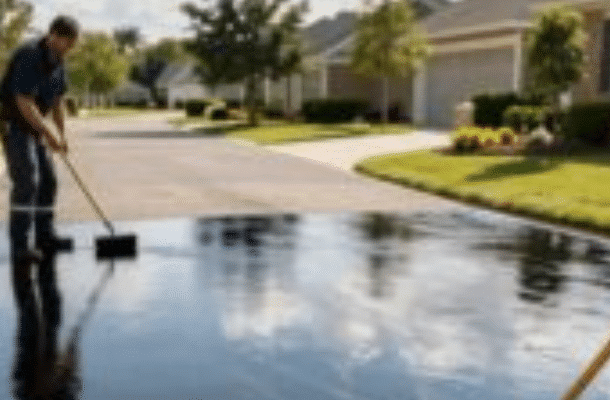 Men sealcoating driveway