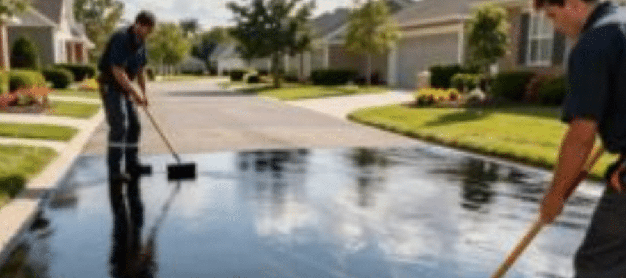 Men sealcoating driveway