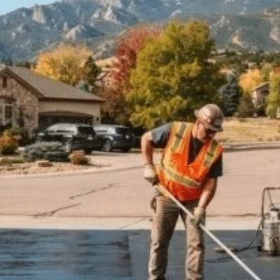 worker sealcoating driveway in Colorado Springs