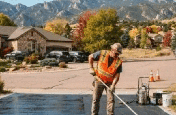 worker sealcoating driveway in Colorado Springs