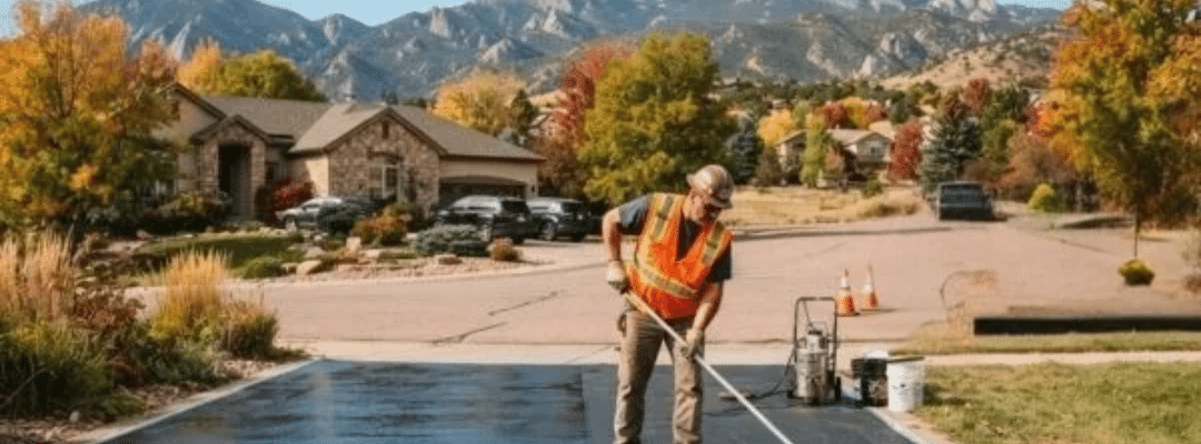 worker sealcoating driveway in Colorado Springs